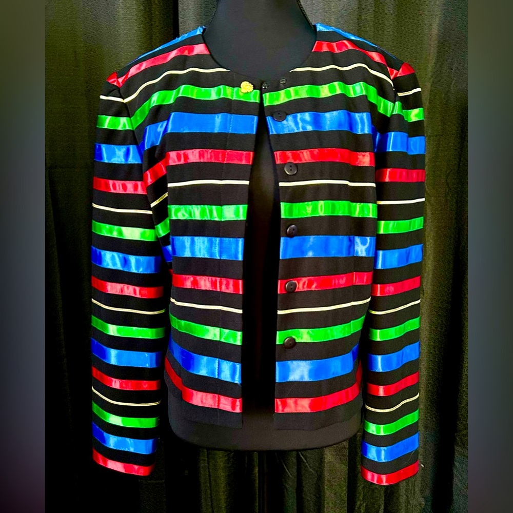 Vintage ‘80s Maggy London Black, Multi Ribbon-Striped Blazer, Size 8